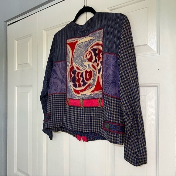 Vintage Faith Patchwork Fish Blazer Jacket Wooden Buttons Size Medium Cropped - Picture 9 of 9